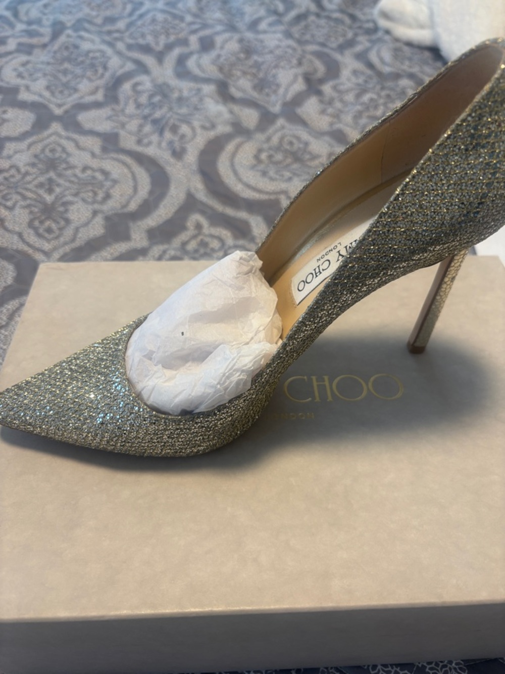 Jimmy Choo Glitter Pointed-Toe Stiletto Pump in Gold